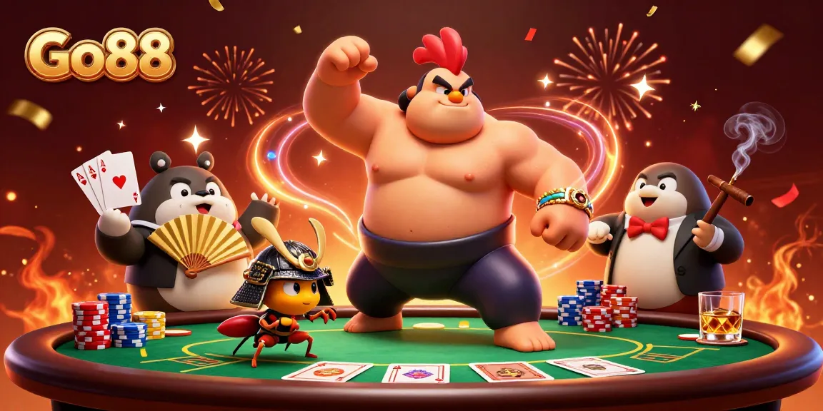 Engage with Go88's thrilling poker showdown featuring vibrant characters and dynamic casino elements.