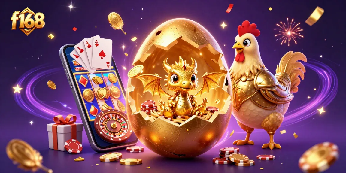 Experience excitement with f168, where a golden baby dragon and poker chips symbolize thrilling slots.