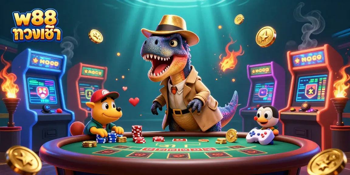 Engage in exciting gameplay at w88 ทางเข้า with a vibrant 3D casino illustration featuring a velociraptor and stegosaurus.