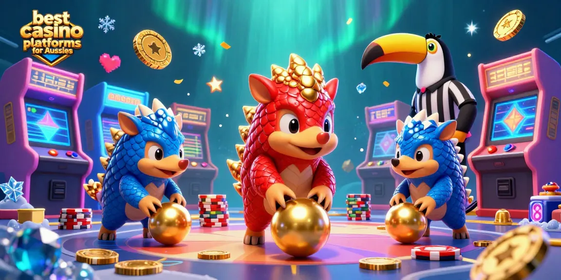 Raging pangolins competing in bowling style with golden poker chips for the best casino platforms for Aussies.