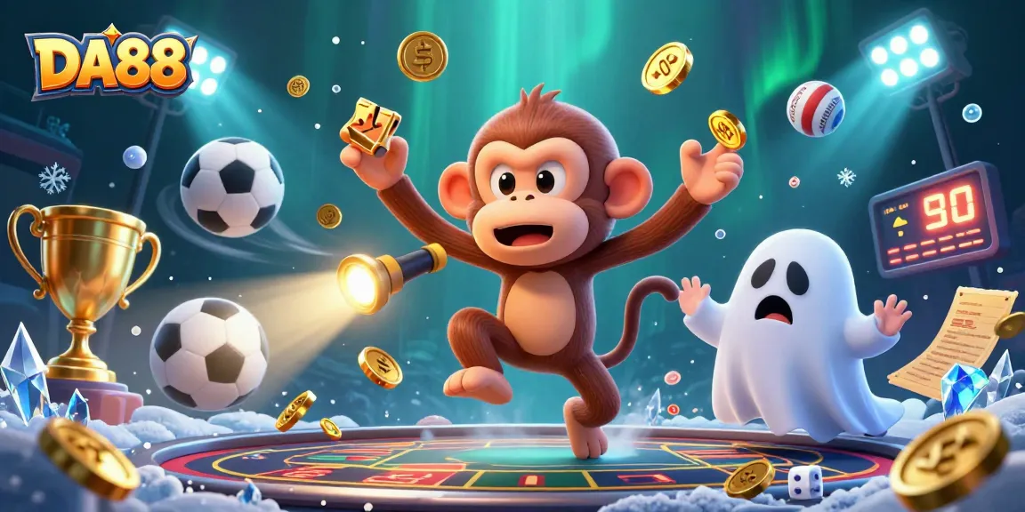 Engage with DA88’s thrilling bets as golden coins and sports balls fill a haunted casino scene.