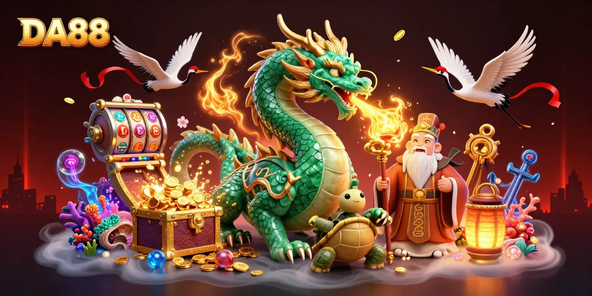 Experience thrilling wins at DA88 with a fierce jade dragon and lucky symbols in a vibrant casino scene.
